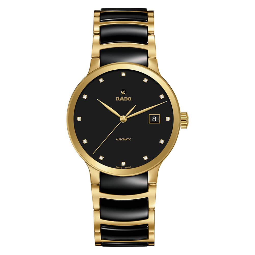 Gold and black watch with Rado branding on a white background