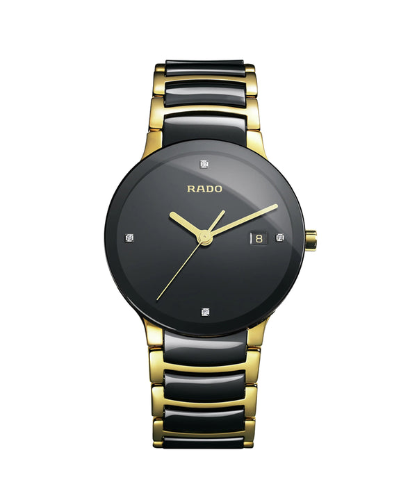 Rado watch with black and gold band on a white background