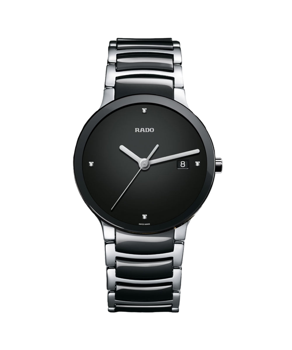 Black Rado watch with silver accents on a white background
