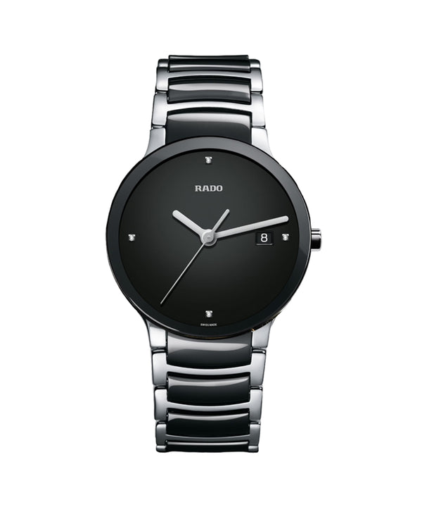 Black Rado watch with silver accents on a white background