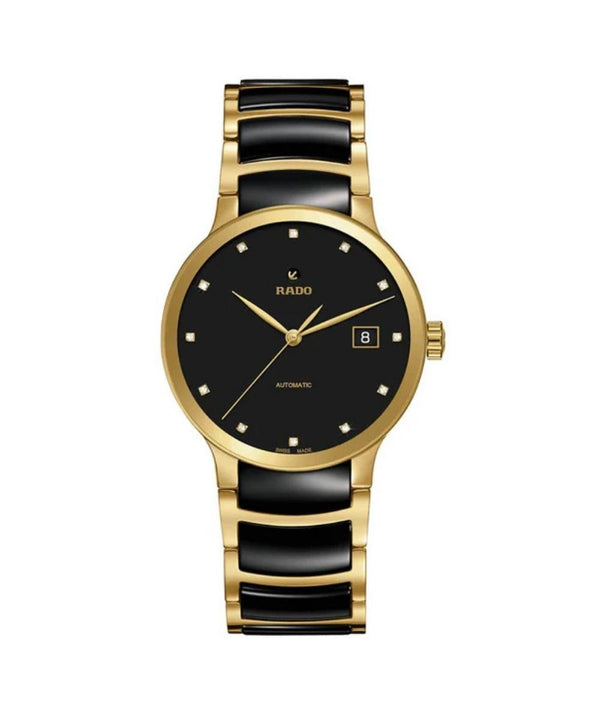 Gold and black watch with Rado brand on a white background