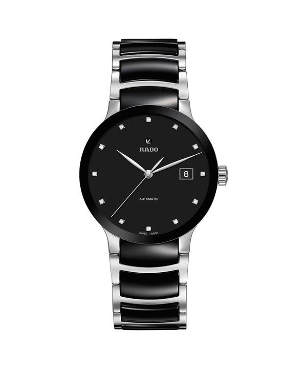 Rado watch with black and silver band on a white background