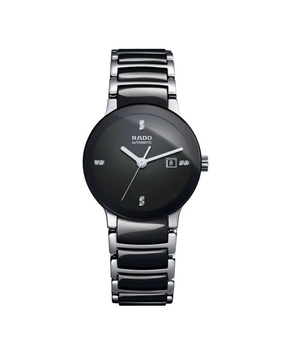 Black and silver watch with Rado branding on a white background