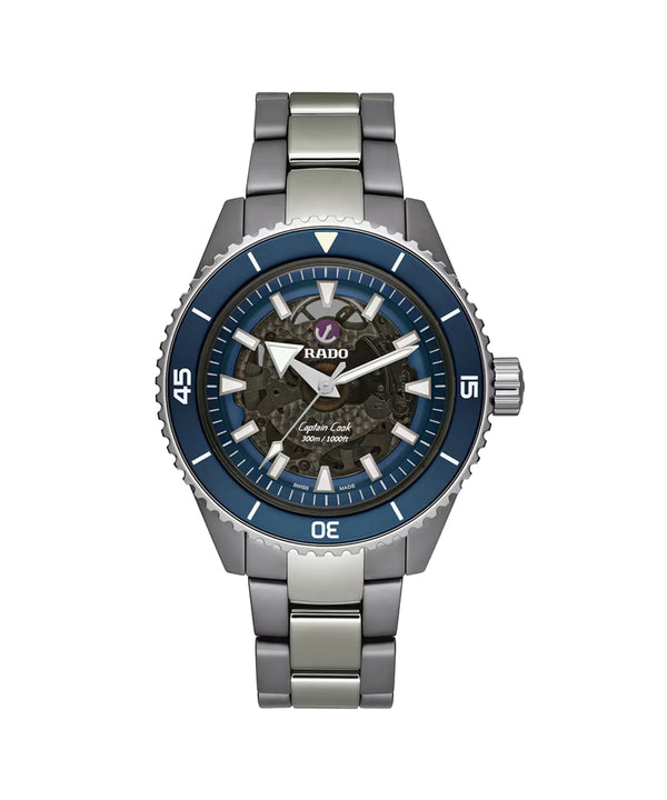 Silver watch with blue accents on a white background