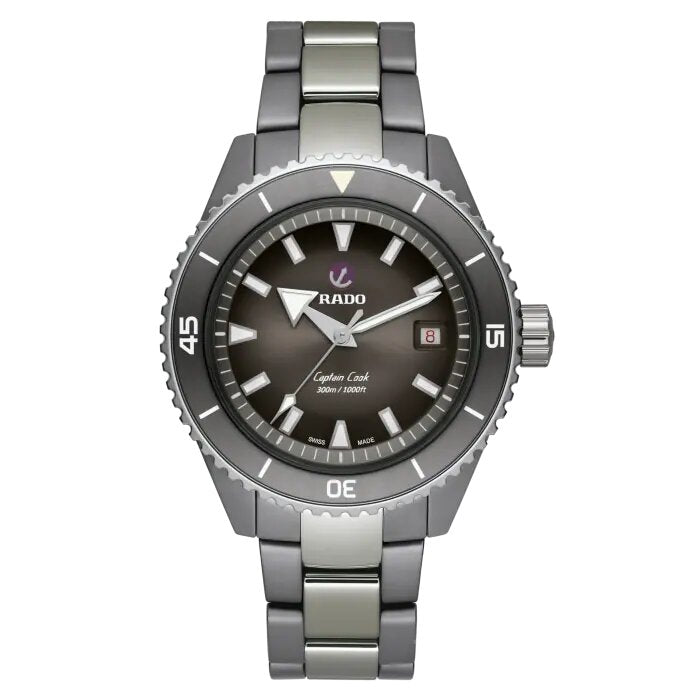 Silver Rado watch with a black dial on a white background