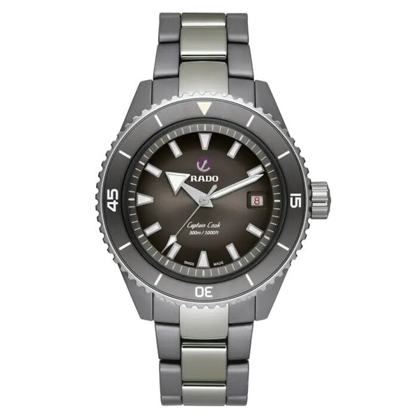 Silver Rado watch with a black dial on a white background