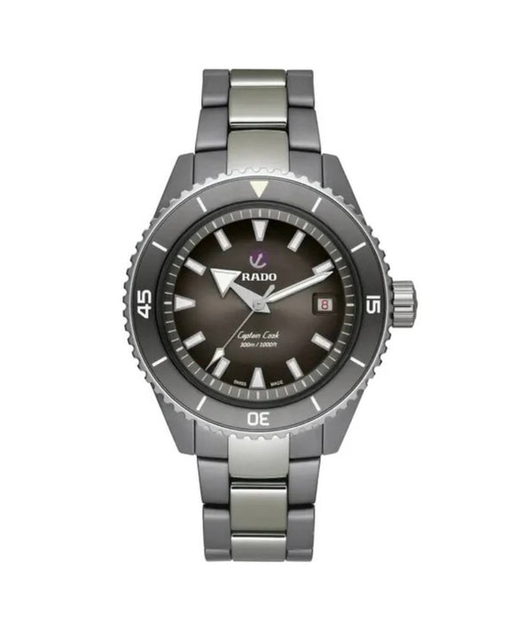 Silver watch with a black dial on a white background