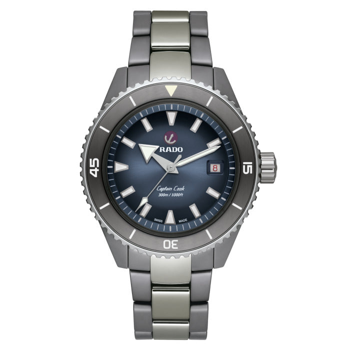 Rado watch with silver bracelet and blue dial on a white background