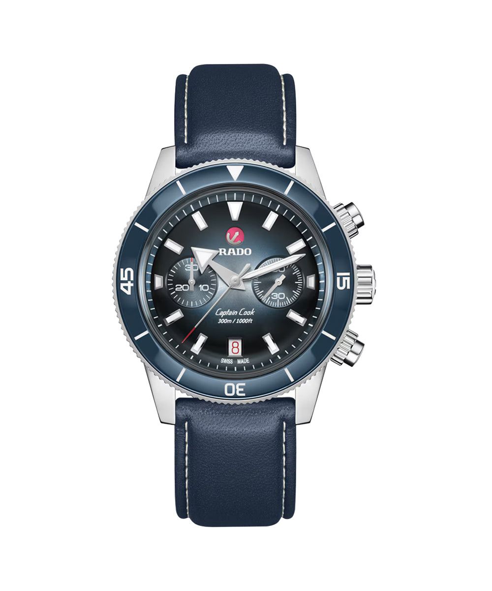 Rado watch with blue leather strap on a white background
