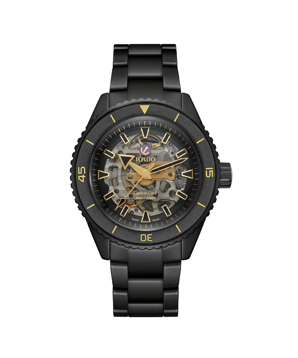 Black Rado watch with visible mechanical components on a white background