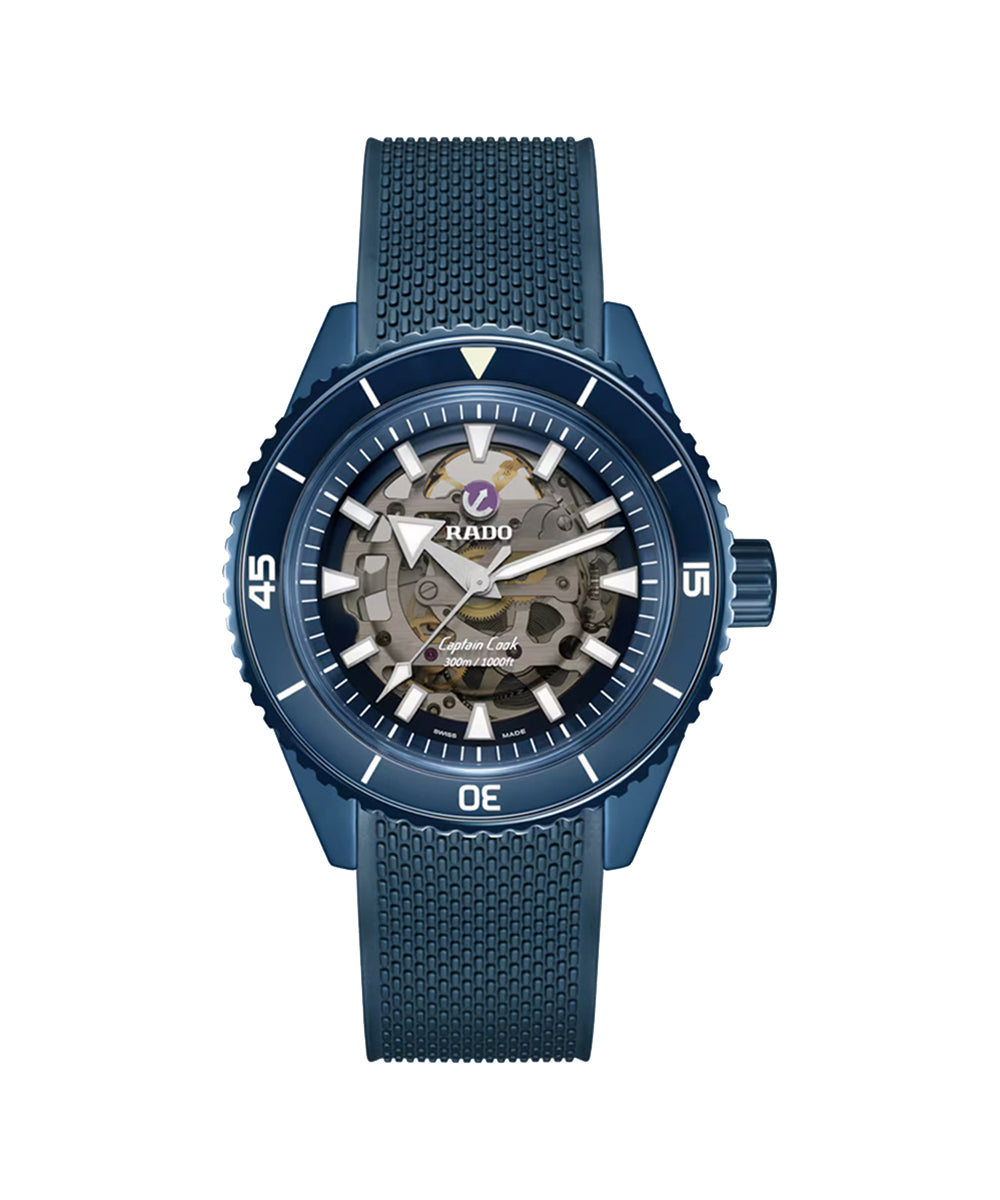 Blue Rado watch with visible brand logo on a white background