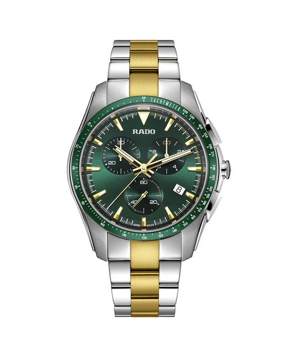 Rado watch with green face and gold accents on a white background