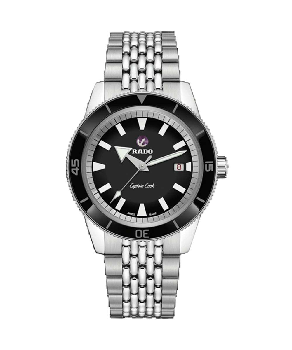 Silver Rado watch with black dial on a white background
