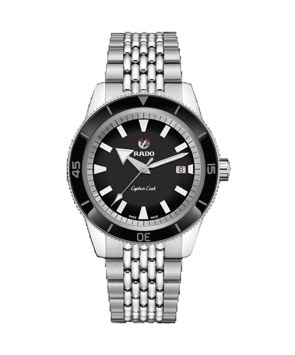 Silver Rado watch with black dial on a white background