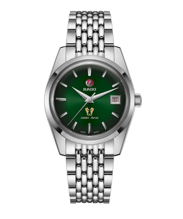 Silver Rado watch with green dial on a white background