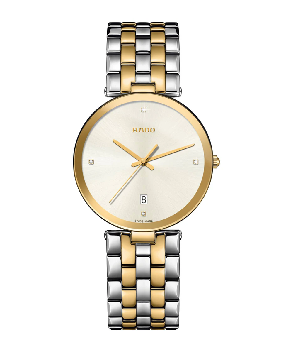 Two-tone Rado watch with silver and gold band on a white background