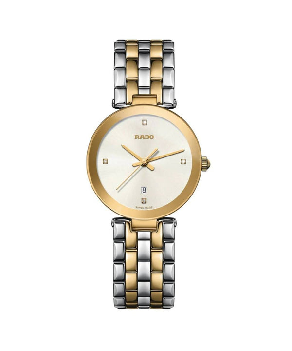 Two-tone Rado watch with gold and silver bracelet on a white background