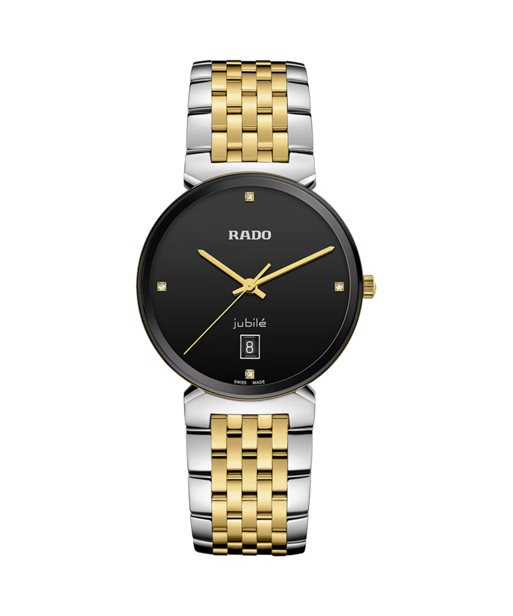 Rado watch with two-tone gold and silver bracelet on a white background