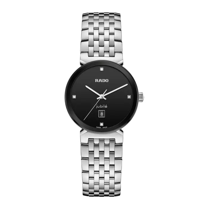 Silver Rado watch with black dial on a white background