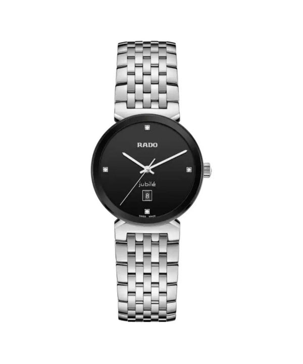 Silver Rado watch with black face on a white background
