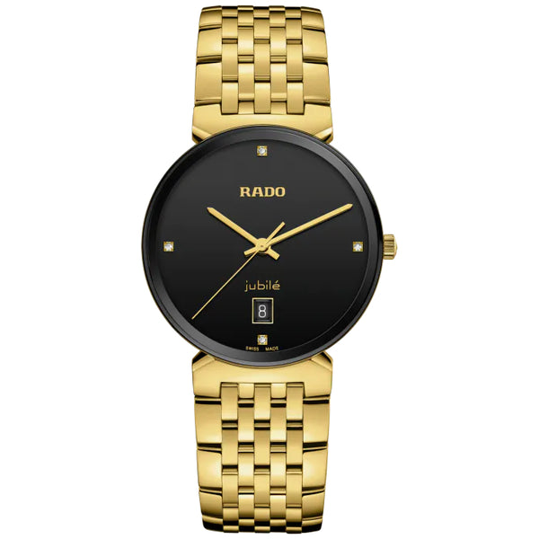 Gold watch with black dial on a white background