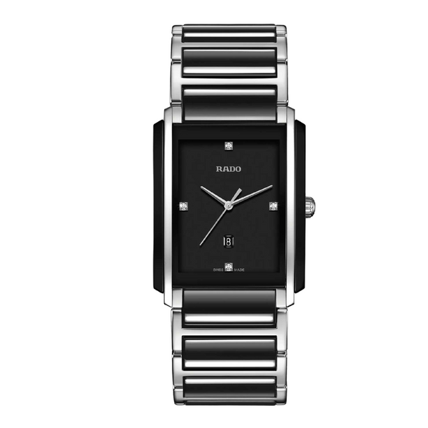 Black and silver Rado watch on a white background