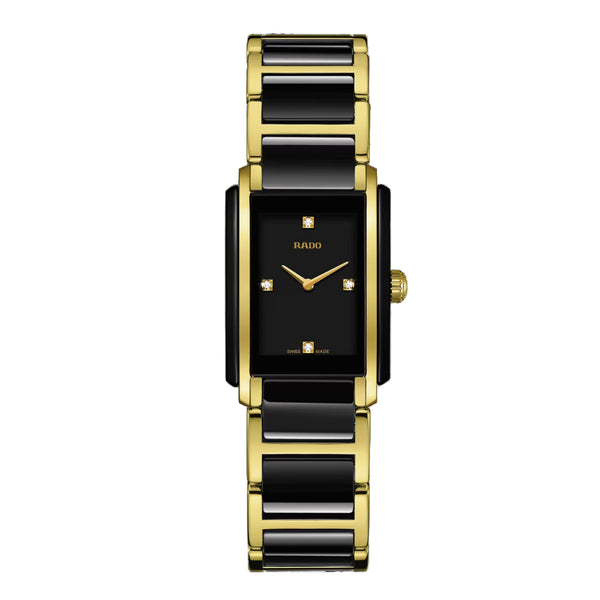 Gold and black watch with Rado brand on a white background