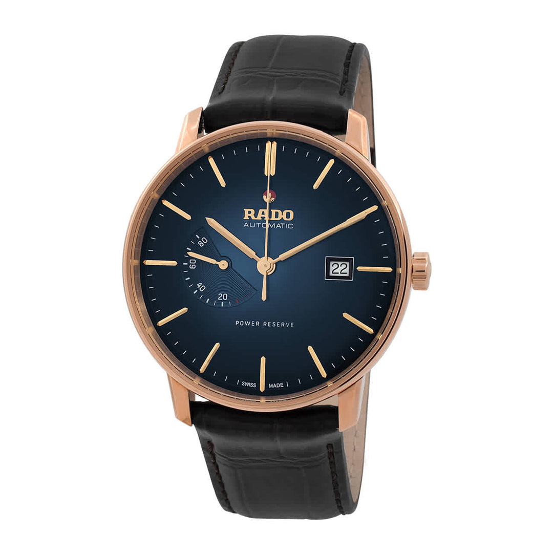 Rado watch with black leather strap and blue dial on a white background