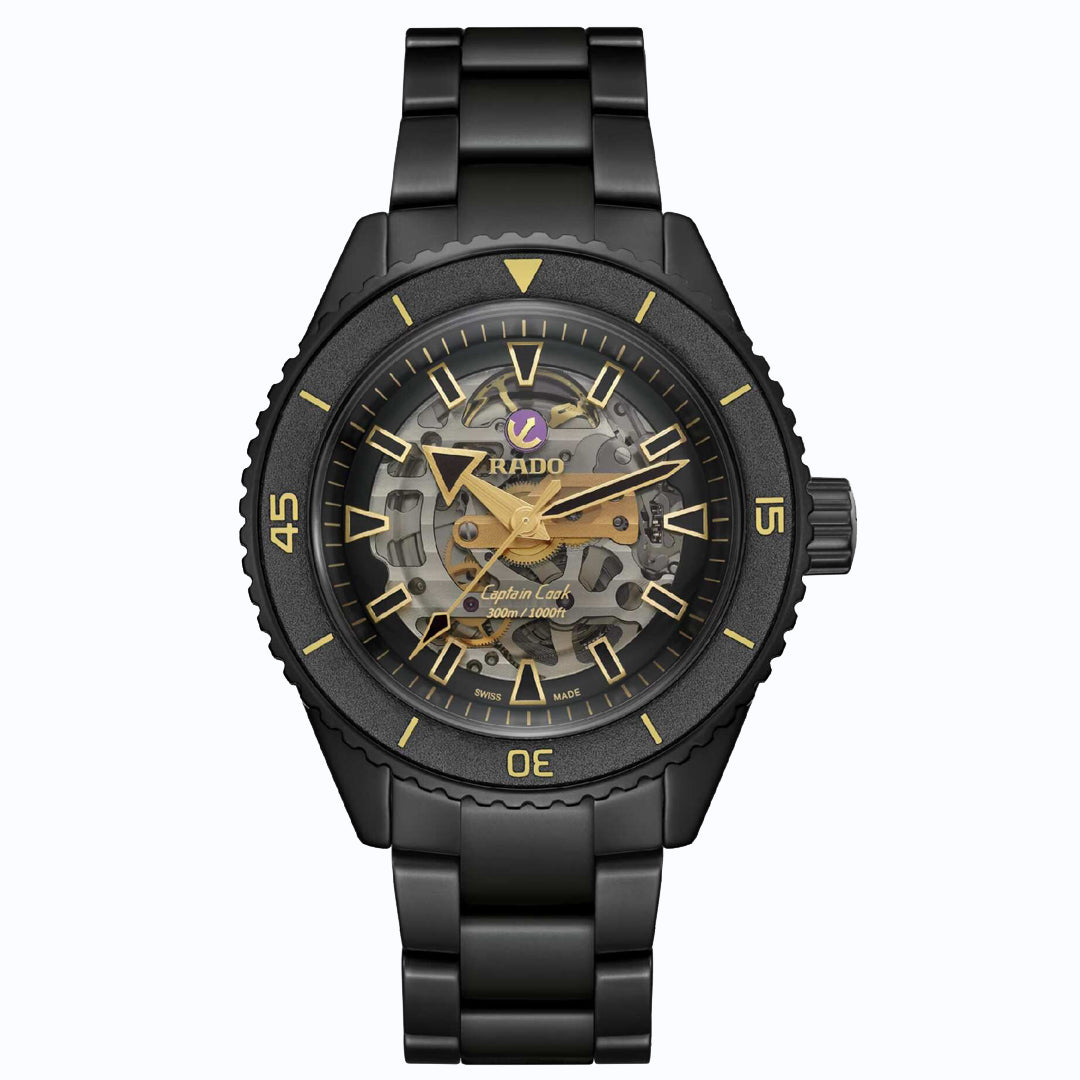 Black Rado watch with gold accents on a white background