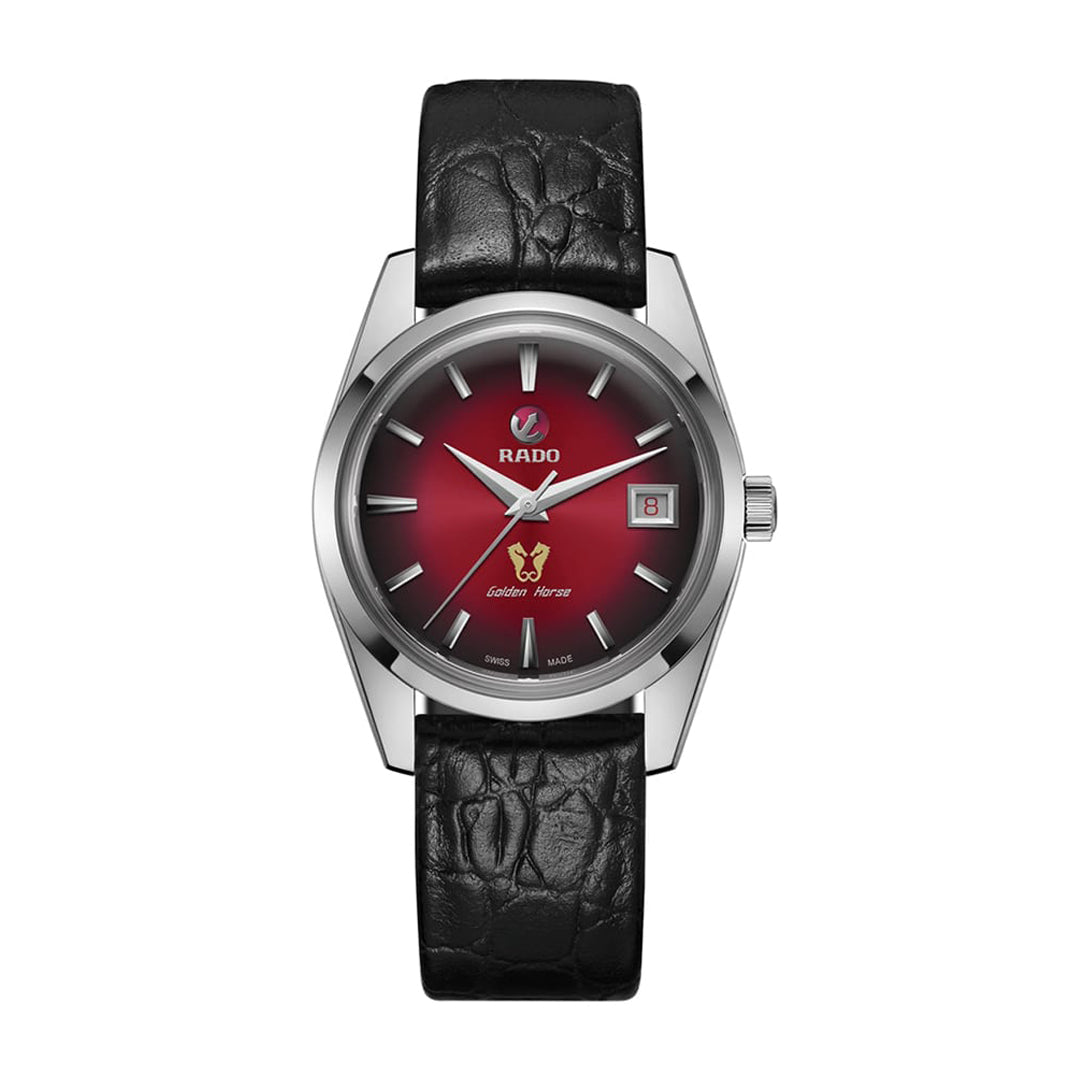Wristwatch with red face and black leather strap on white background
