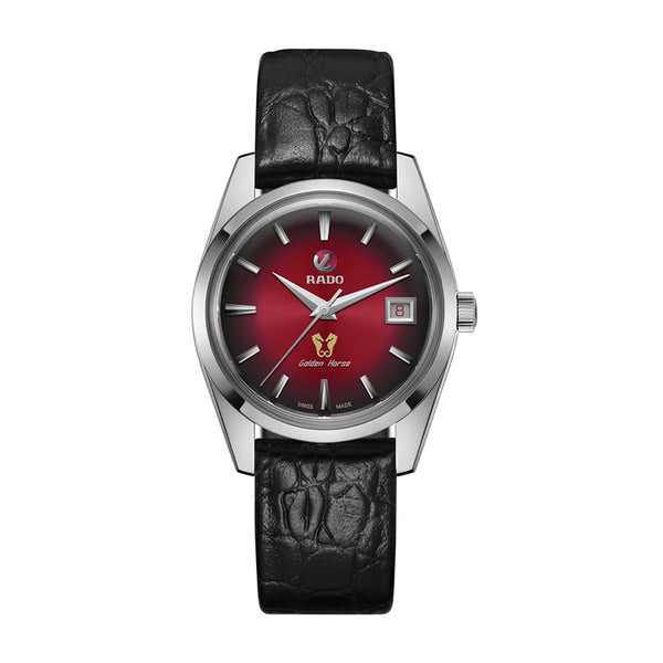Wristwatch with red face and black leather strap on white background