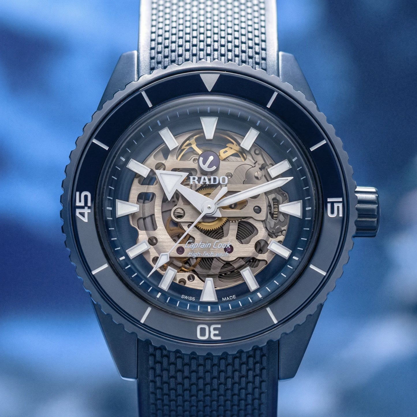 Rado Captain Cook skeleton automatic watch with black high-tech ceramic bezel.