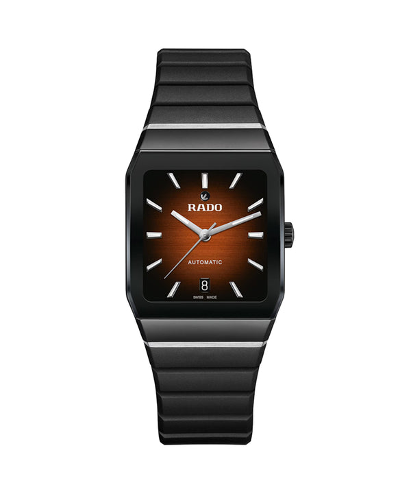 Black Rado watch with brown face on a white background