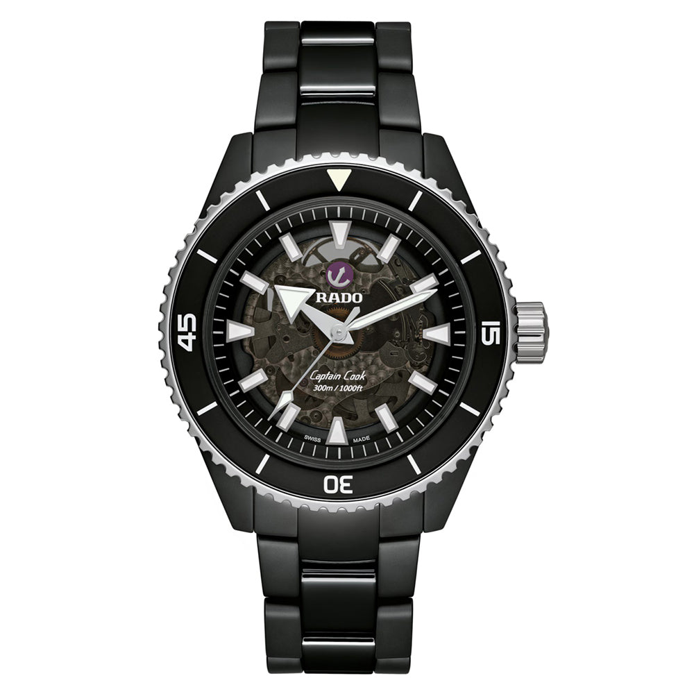 Black Rado watch with detailed face on a white background