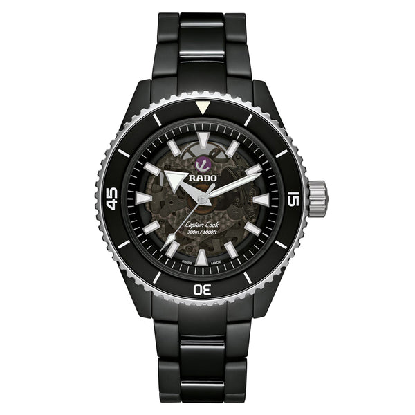 Black Rado watch with detailed face on a white background