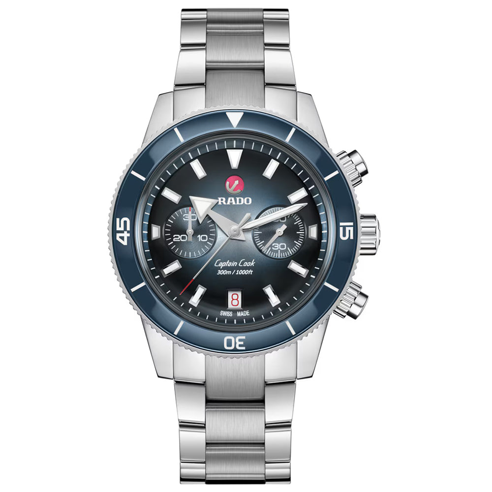 Silver watch with a black face on a white background