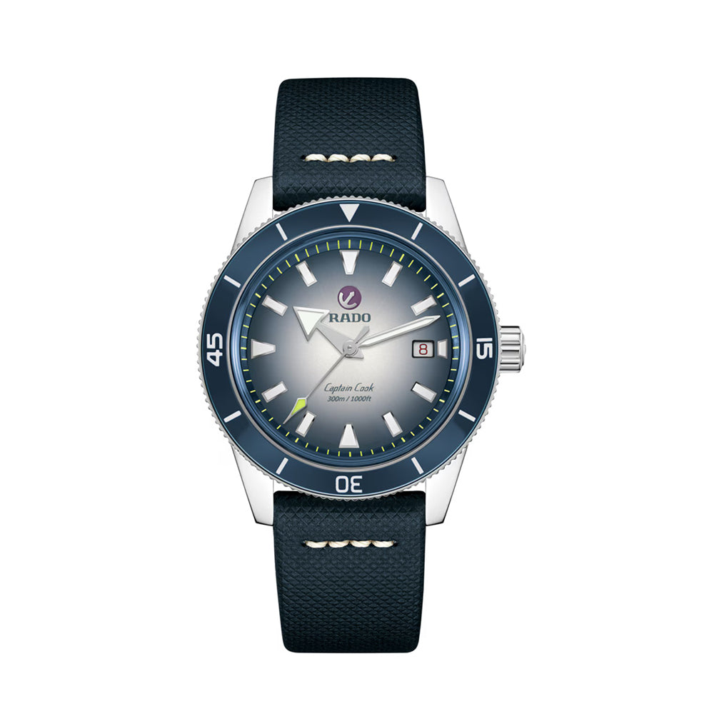 Watch with blue strap and silver case on a white background
