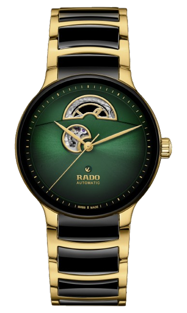 Rado watch with green face and gold and black band on white background