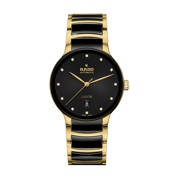 Gold and black Rado watch on a white background