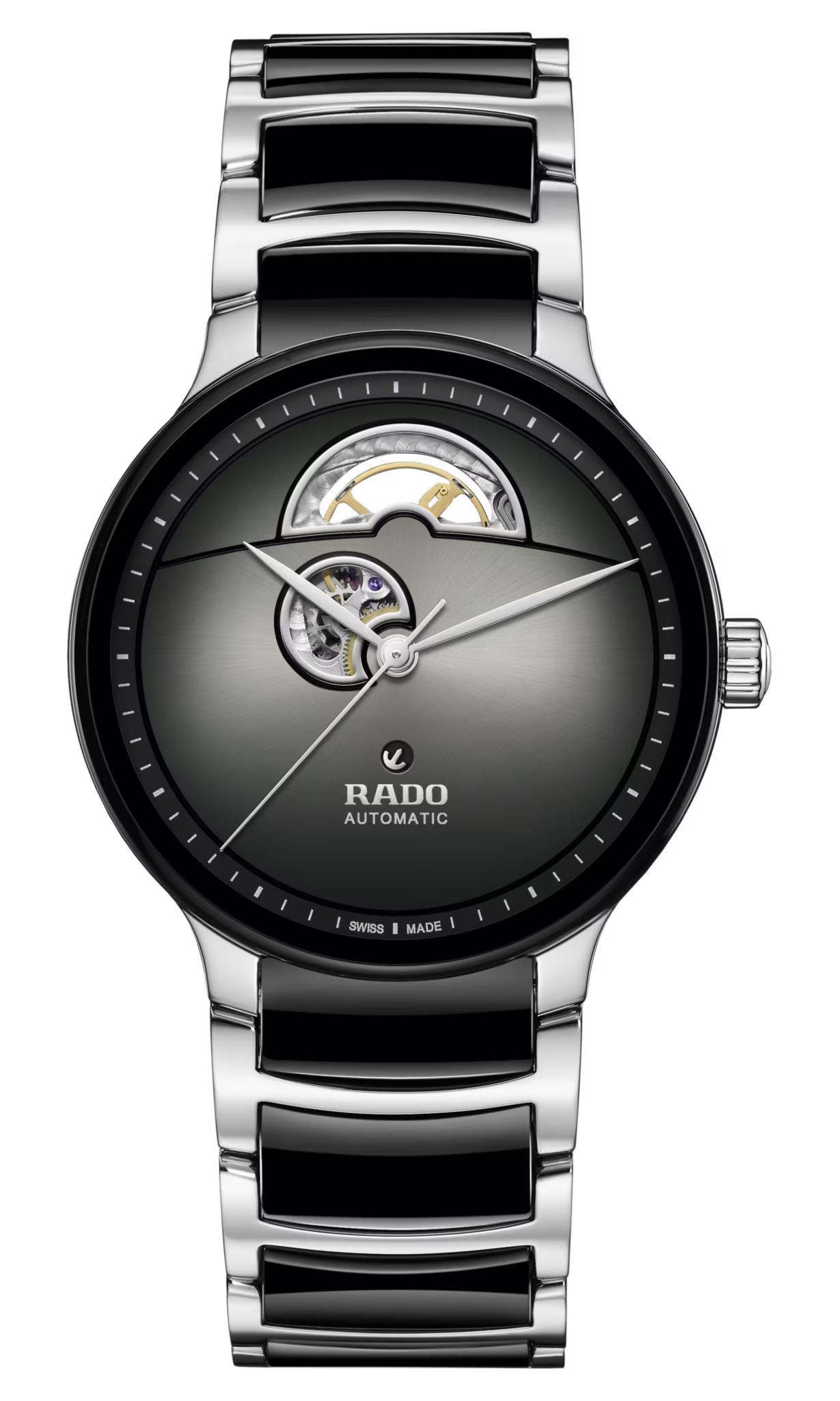 Silver watch with black face on a transparent background