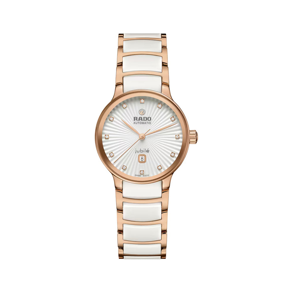 Rado watch with rose gold and white ceramic strap on a white background