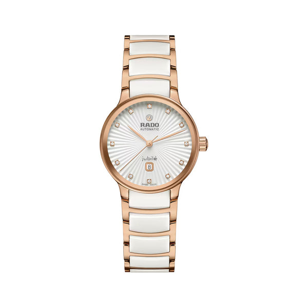 Rado watch with rose gold and white ceramic strap on a white background