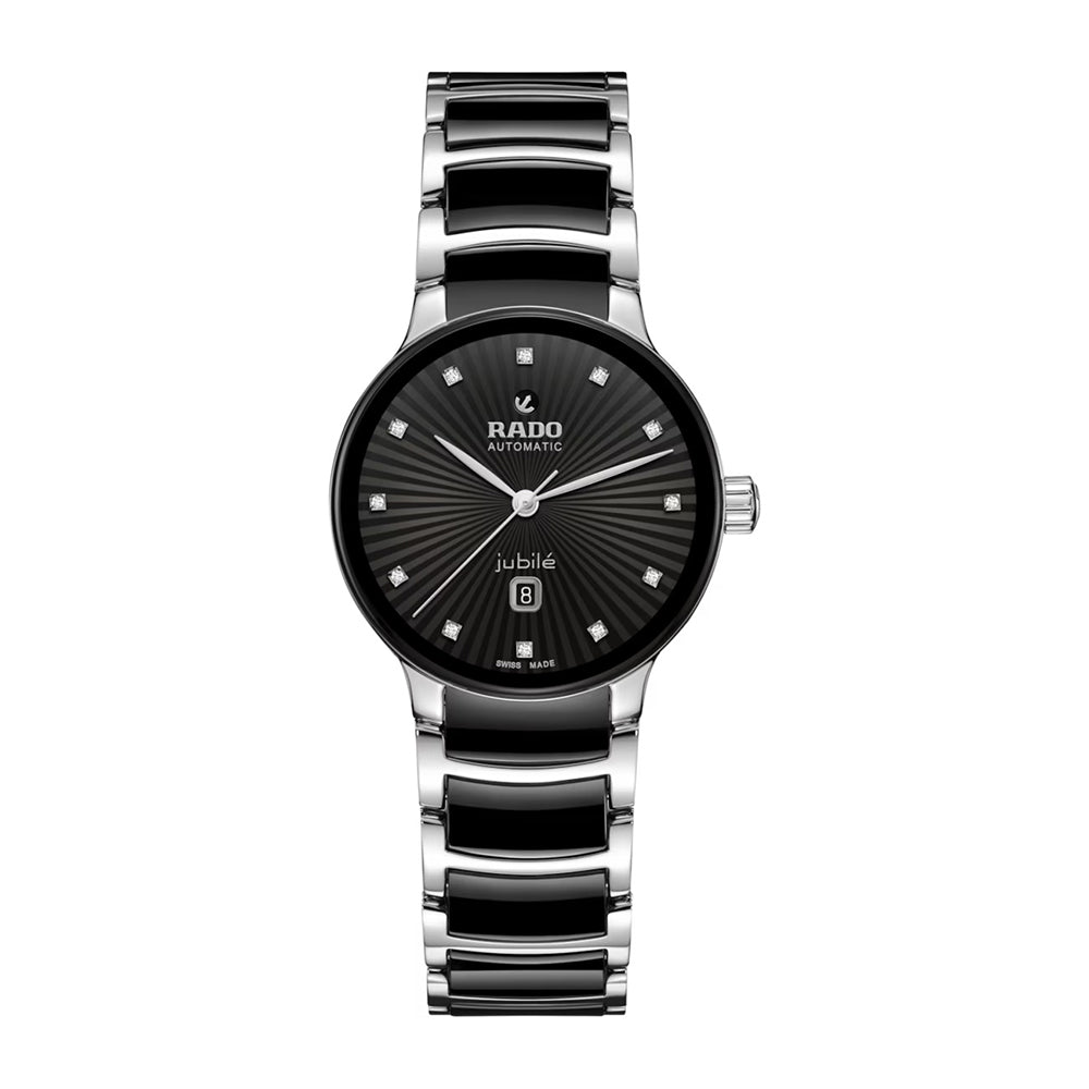 Rado watch with black face and silver bracelet on a white background