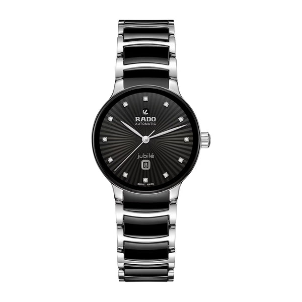 Rado watch with black face and silver bracelet on a white background