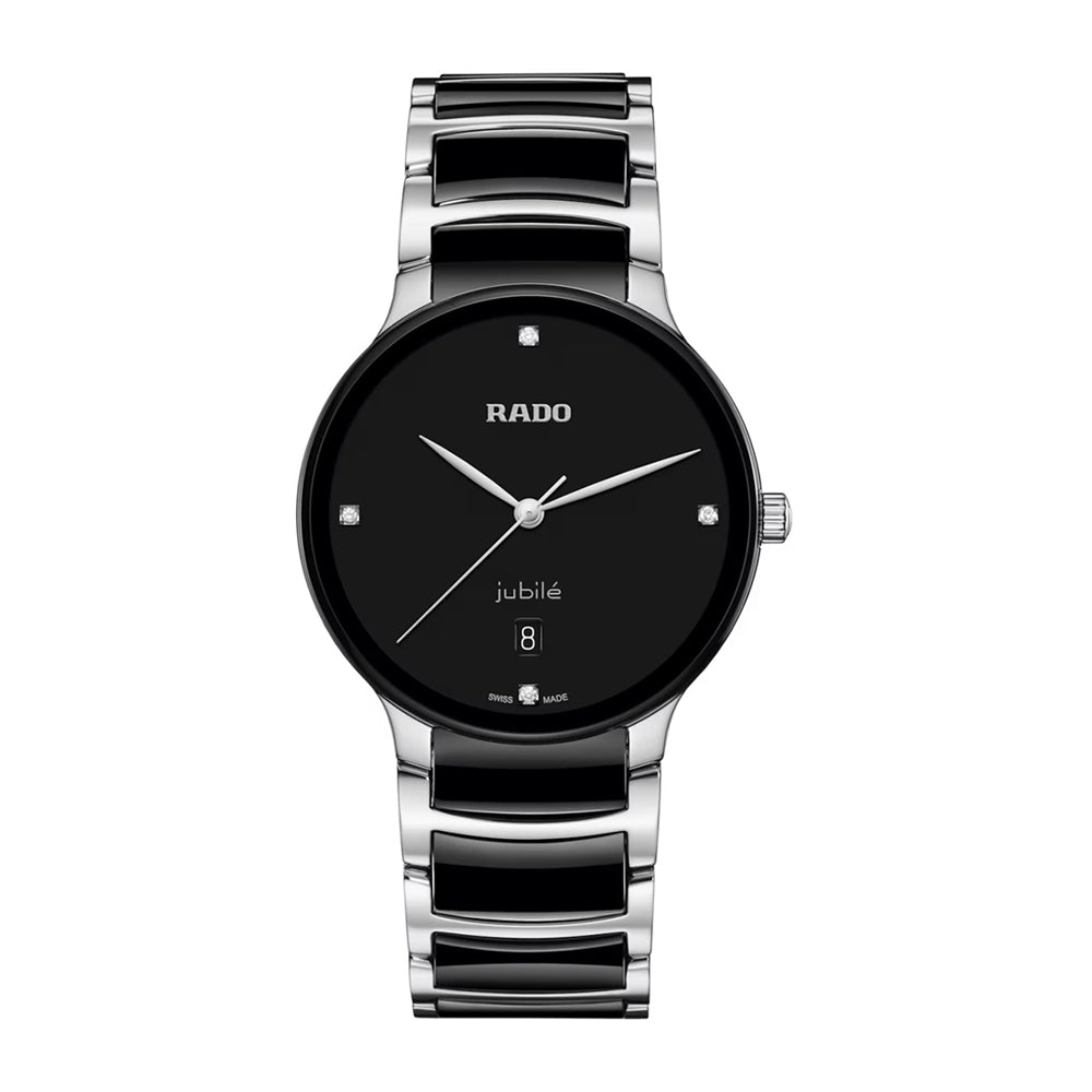 Rado watch with black dial and silver bracelet on a white background