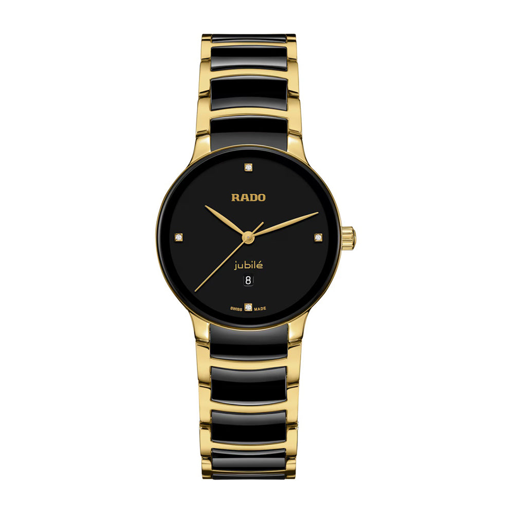 Rado watch with black and gold band on a white background