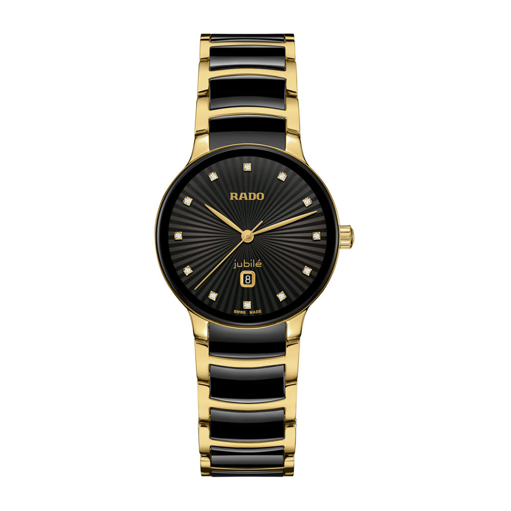 Gold and black Rado watch on a white background