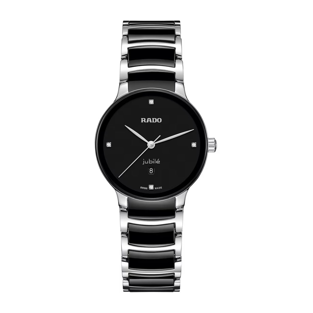 Rado watch with black face and silver bracelet on a white background