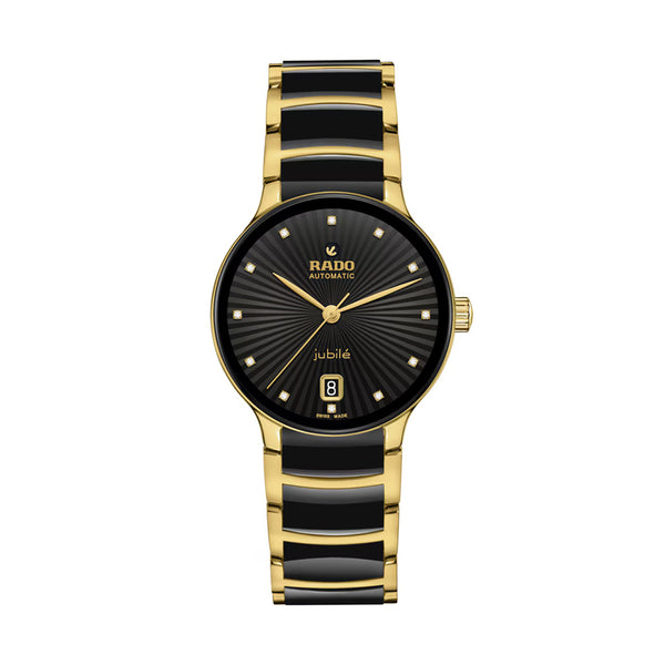 Gold and black watch with Rado branding on a white background