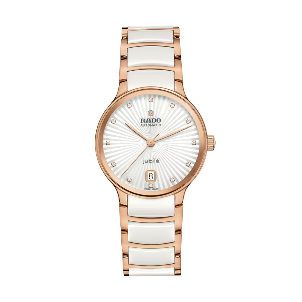Rose gold and white ceramic watch with Rado brand on a white background